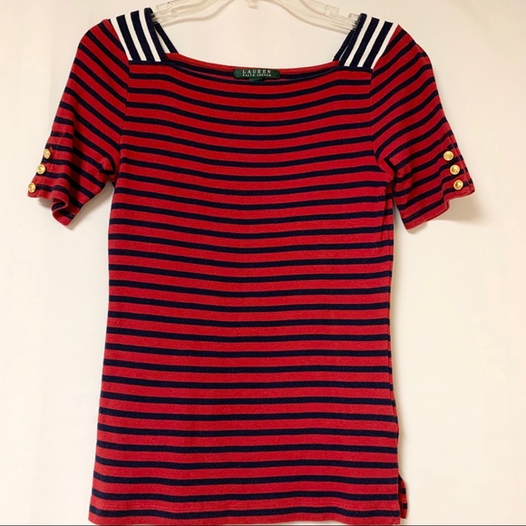 Ralph Lauren 3/4 Sleeve Top Striped Sailor Buttons - Picture 2 of 5